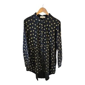 LUNA Moon Buttoned Tunic Black With Embroidered Gold Feathers Size XL​​​